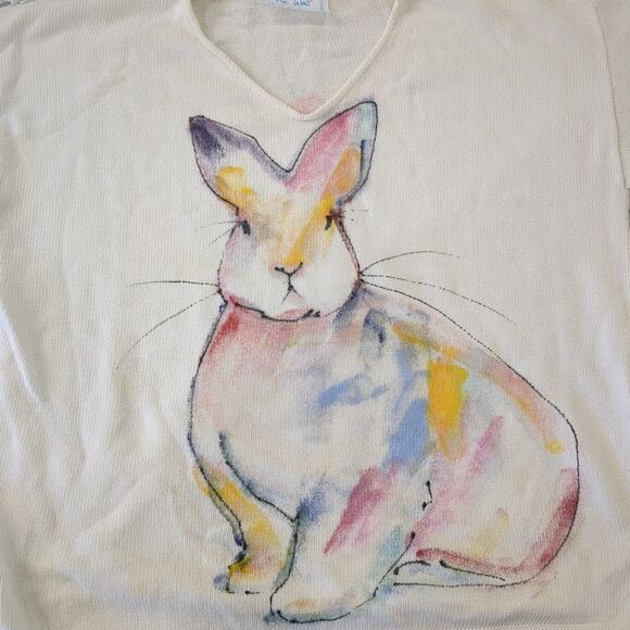 Vtg Diane Wat Design Handpainted Sweater Bunny Rabbit Shirt Size Small Med - Picture 1 of 16